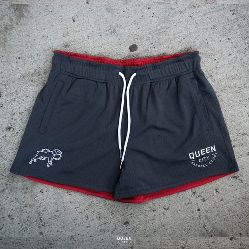 REVERSIBLE LUX MESH SHORTS // DARK GREY & VARSITY RED